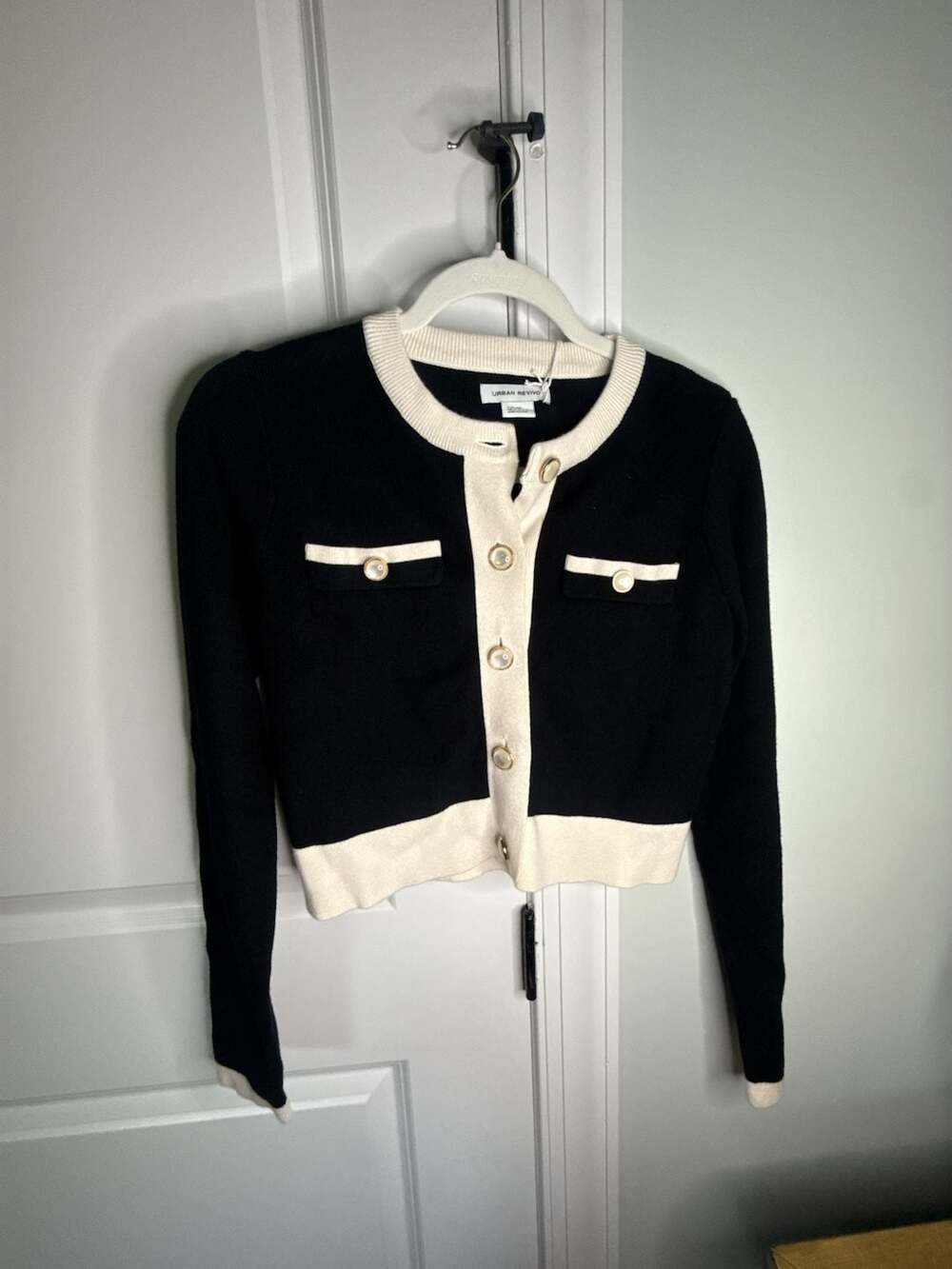 Urban Revivo Black and White Knit Button-Up Cardigan Sweater